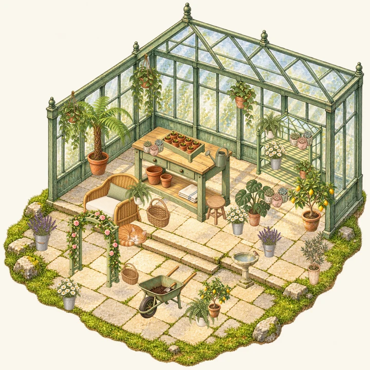 玻璃花房场景：园艺工作台、绿植和庭院