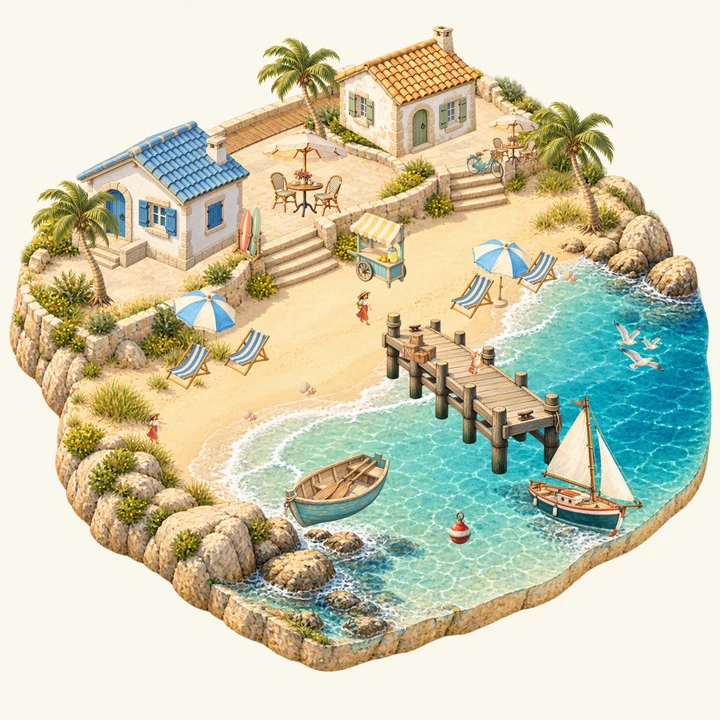 海边小屋场景：沙滩、躺椅、码头和帆船
